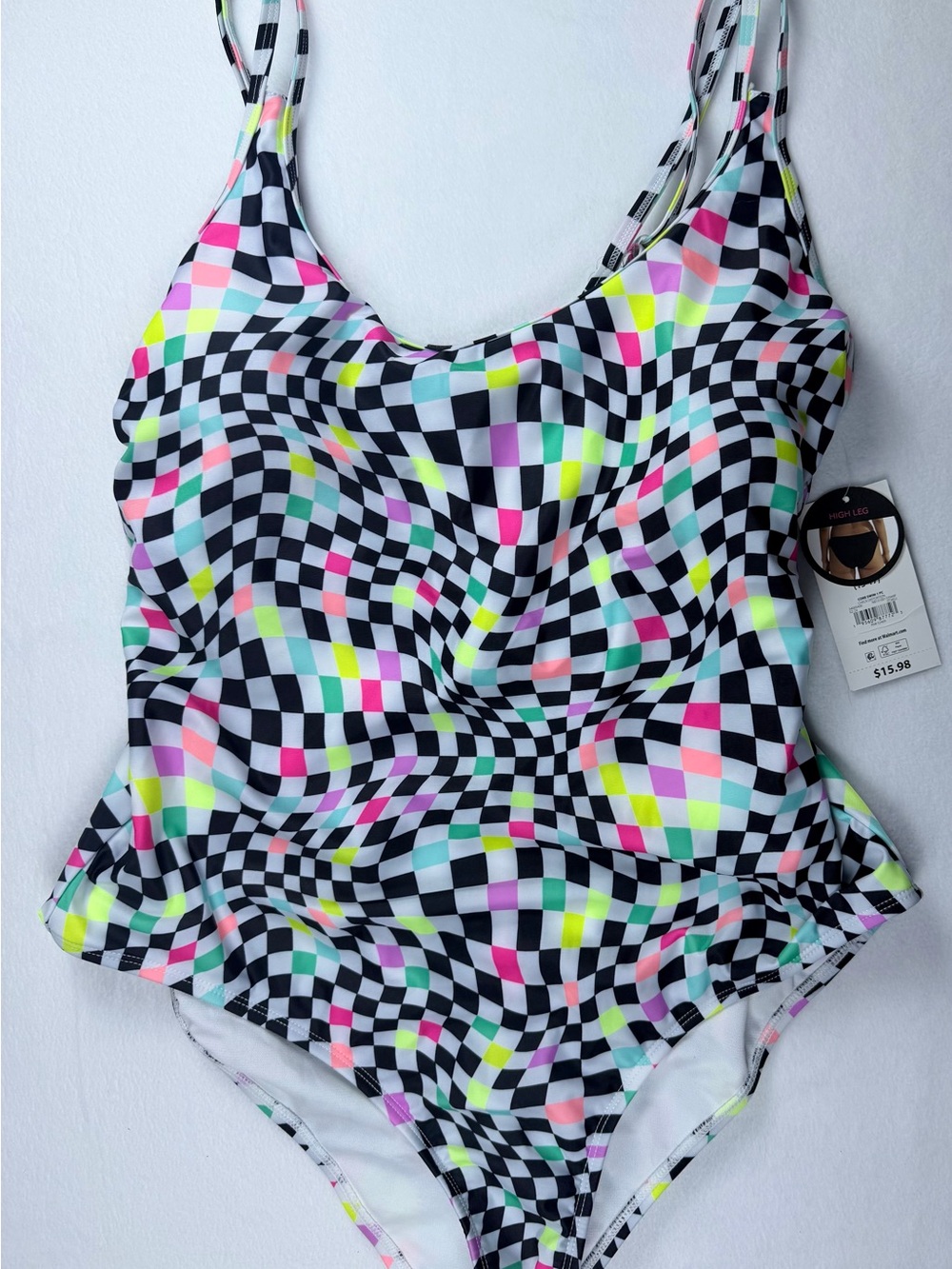 No Boundaries Junior’s XL (15-17) Black Multi Neon Checkerboard One Piece Swim - Picture 2 of 7